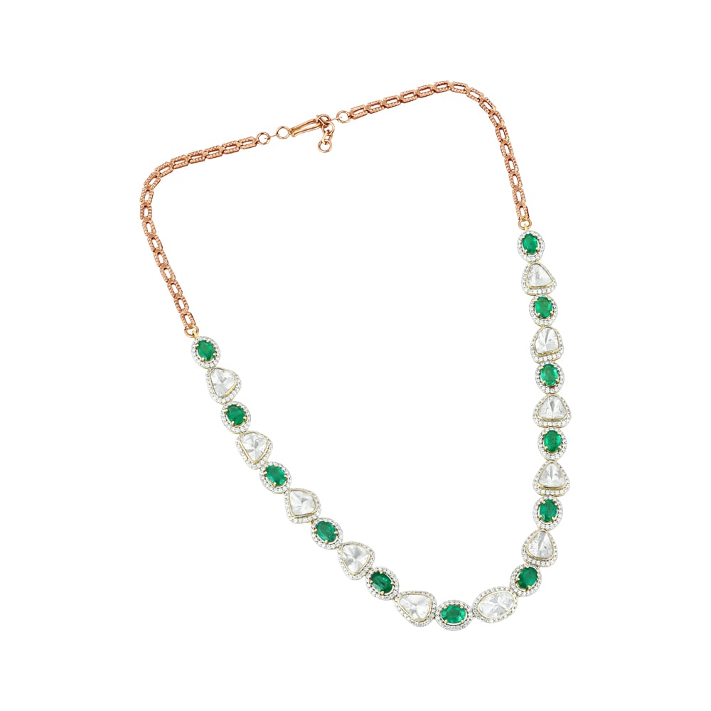 Oval Emerald Necklace with Unshaped Polki & Diamond Halo Borders